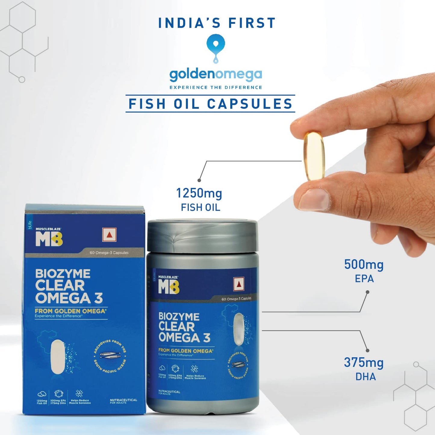 MuscleBlaze Biozyme Clear Omega-3, Fish Oil, 1250 mg Fish Oil - 60 capsules