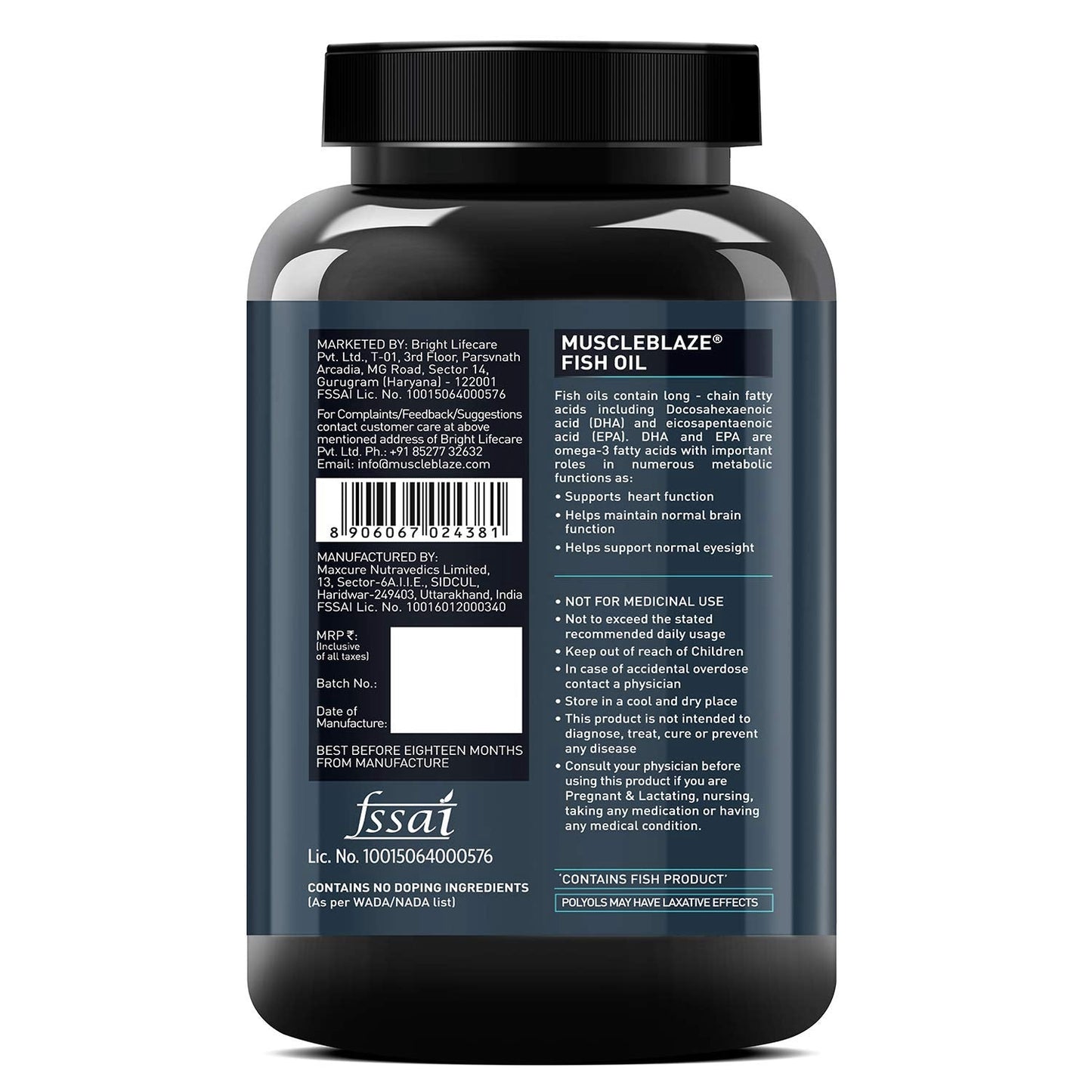 MuscleBlaze Fish Oil - 180 capsules, 1000 mg (180mg EPA and 120mg DHA)