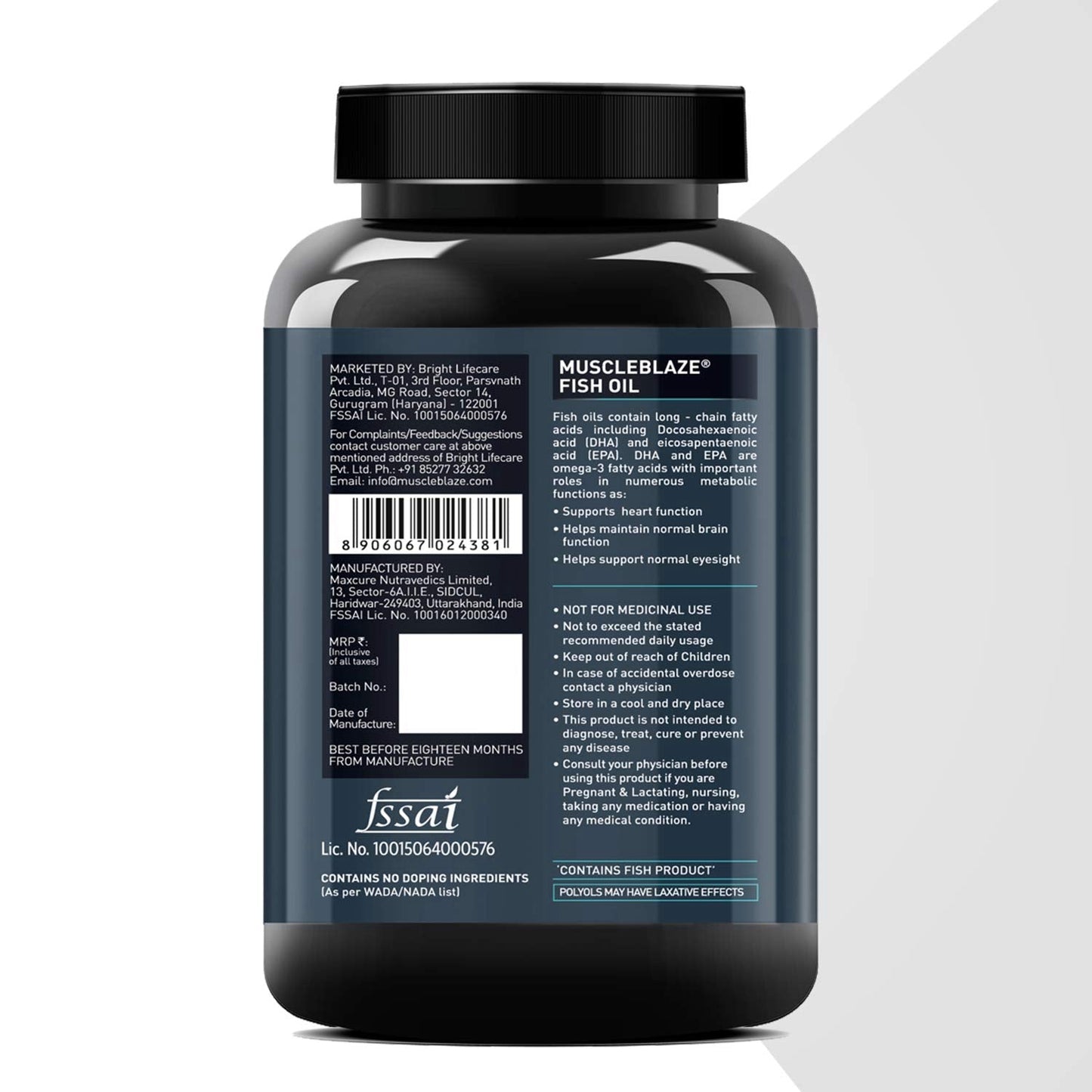 MuscleBlaze Omega 3 Fish Oil, 1000 mg (180 mg EPA and 120 mg DHA) - 90 Capsules