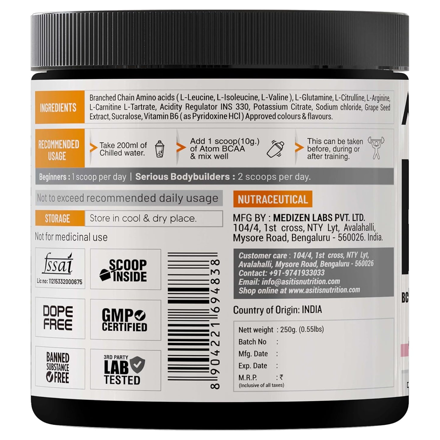 AS-IT-IS ATOM BCAA with L-arginine, L-Carnitine, L-Citrulline - 25 Servings