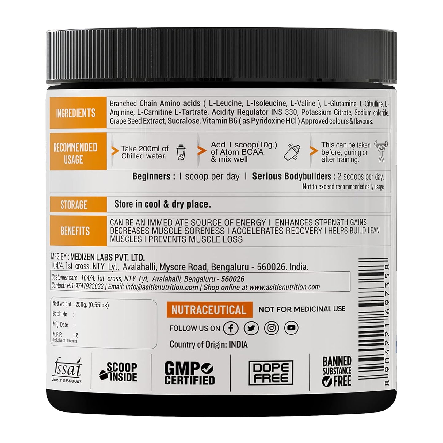 AS-IT-IS ATOM BCAA with L-arginine, L-Carnitine, L-Citrulline - 25 Servings