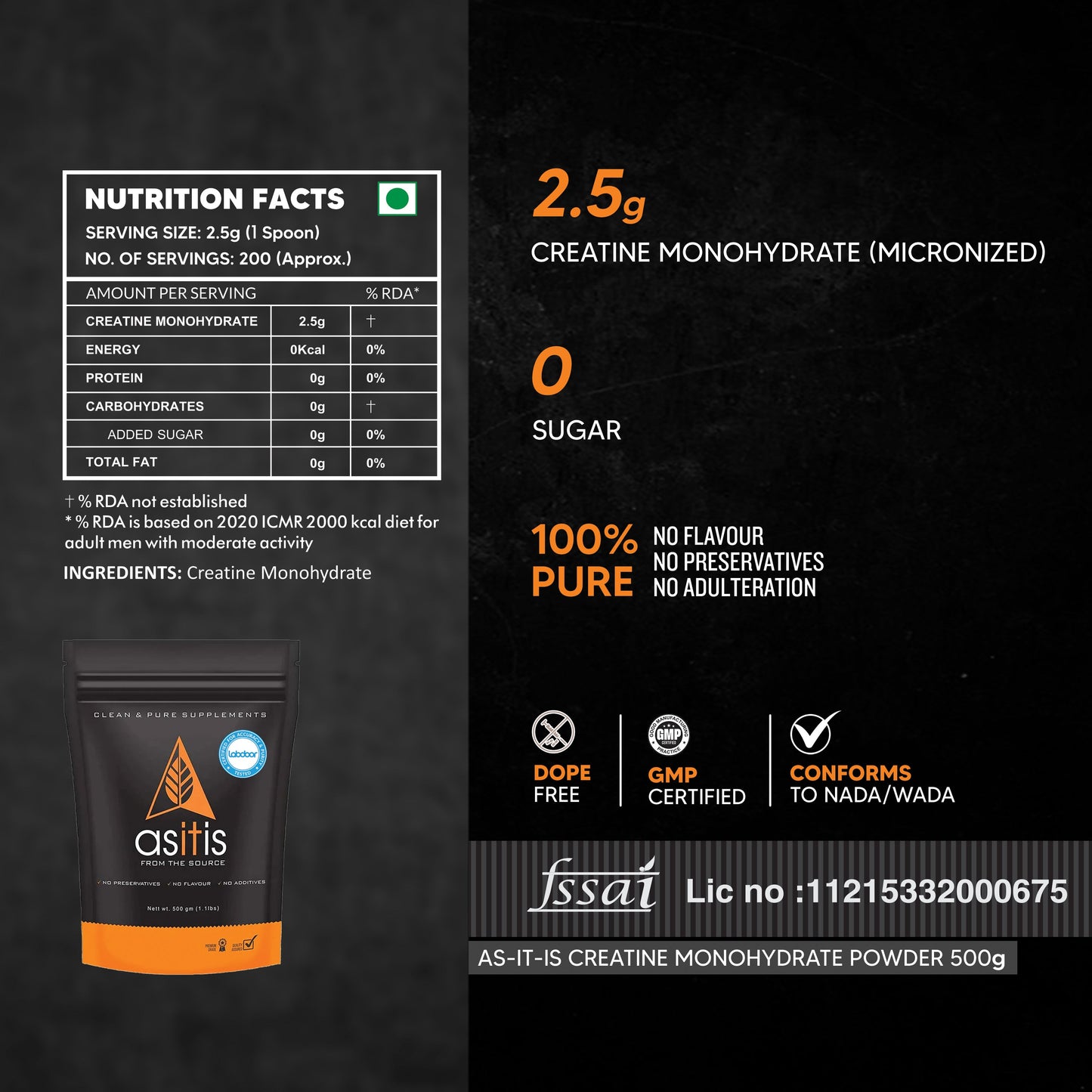 AS-IT-IS Nutrition Pure Creatine Monohydrate 250 Gms