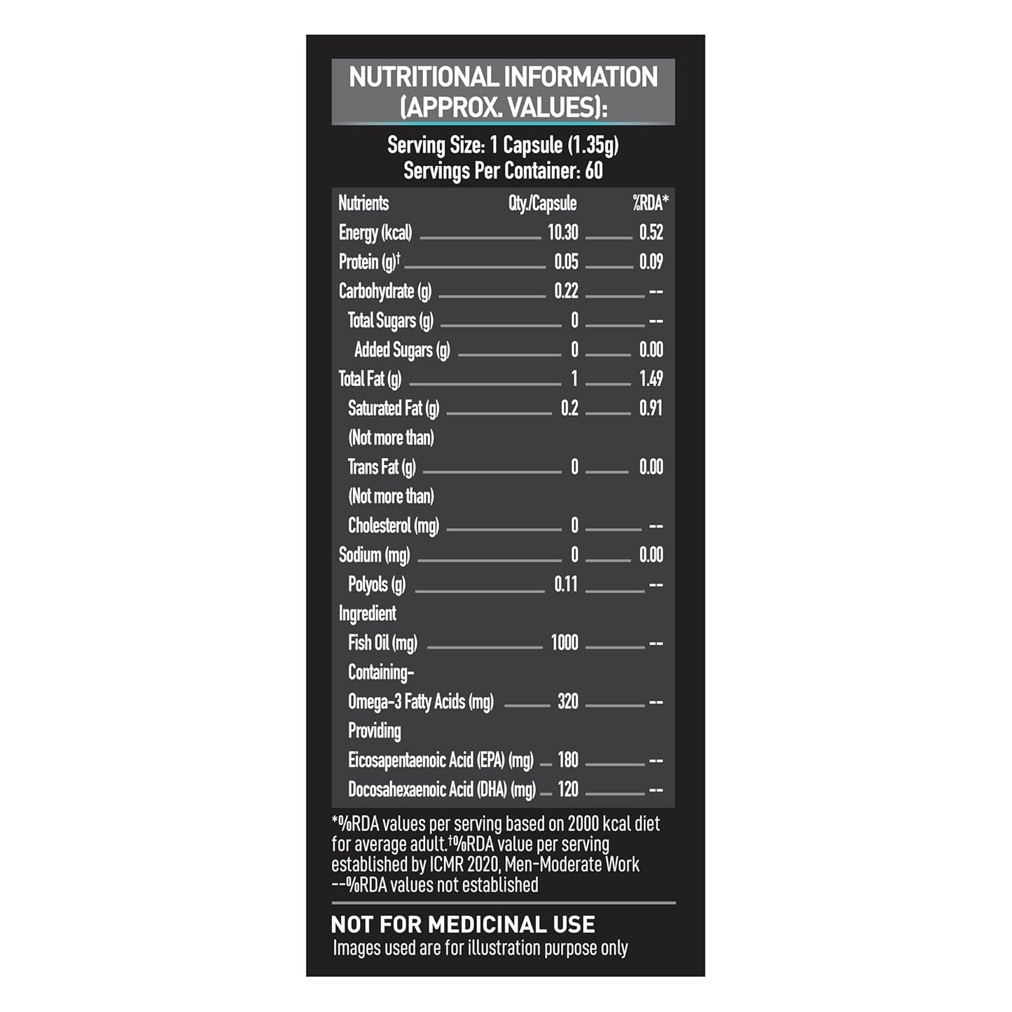 MuscleBlaze Omega 3 Fish Oil, 1000 mg (180 mg EPA and 120 mg DHA) - 60 Softgels