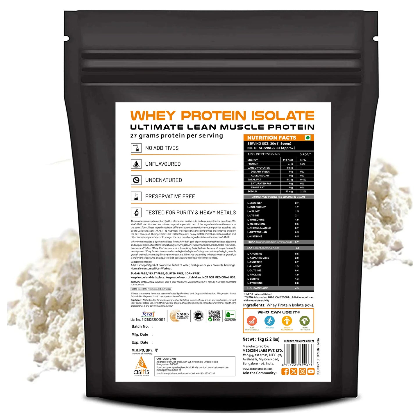 AS-IT-IS Nutrition Raw Whey Protein Isolate 90% 1 kg