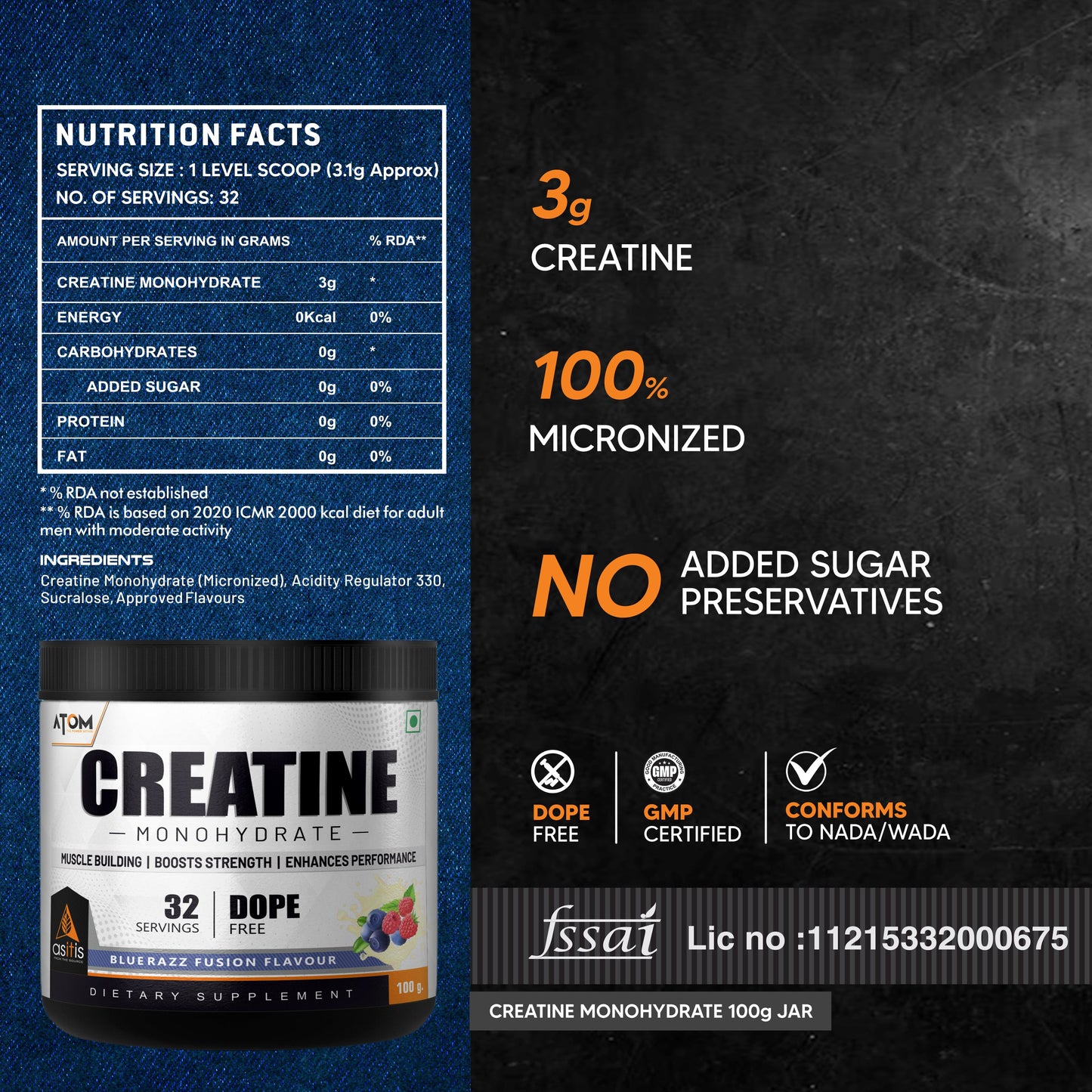 AS-IT-IS ATOM Creatine Monohydrate 100g - 32 Servings