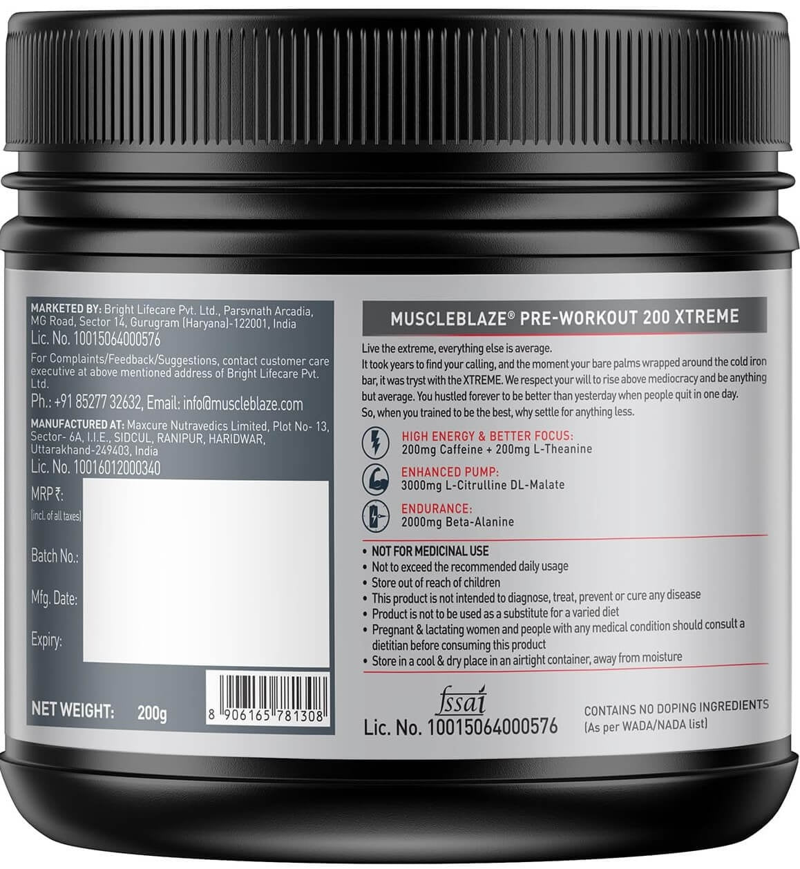 MuscleBlaze PRE Workout 200 Xtreme, 200 g - 30 Servings